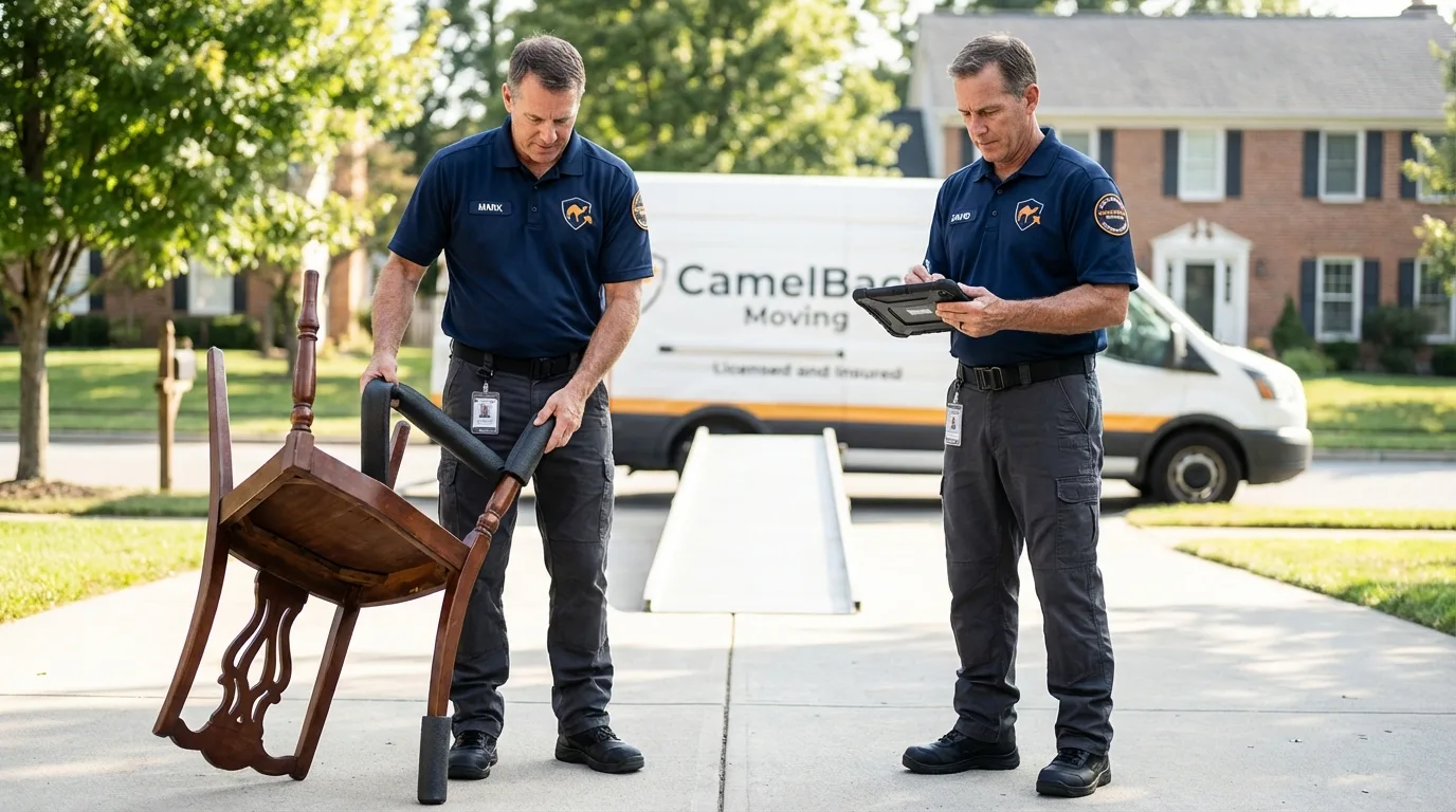 Movers inspecting furniture for damage prevention before loading in Spanaway, WA
