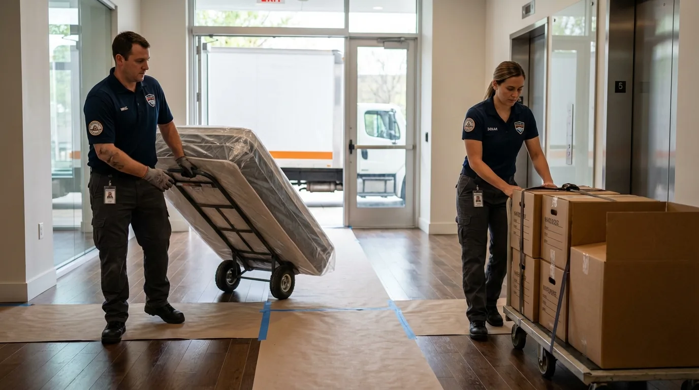 Professional apartment movers loading elevator in Spanaway, WA